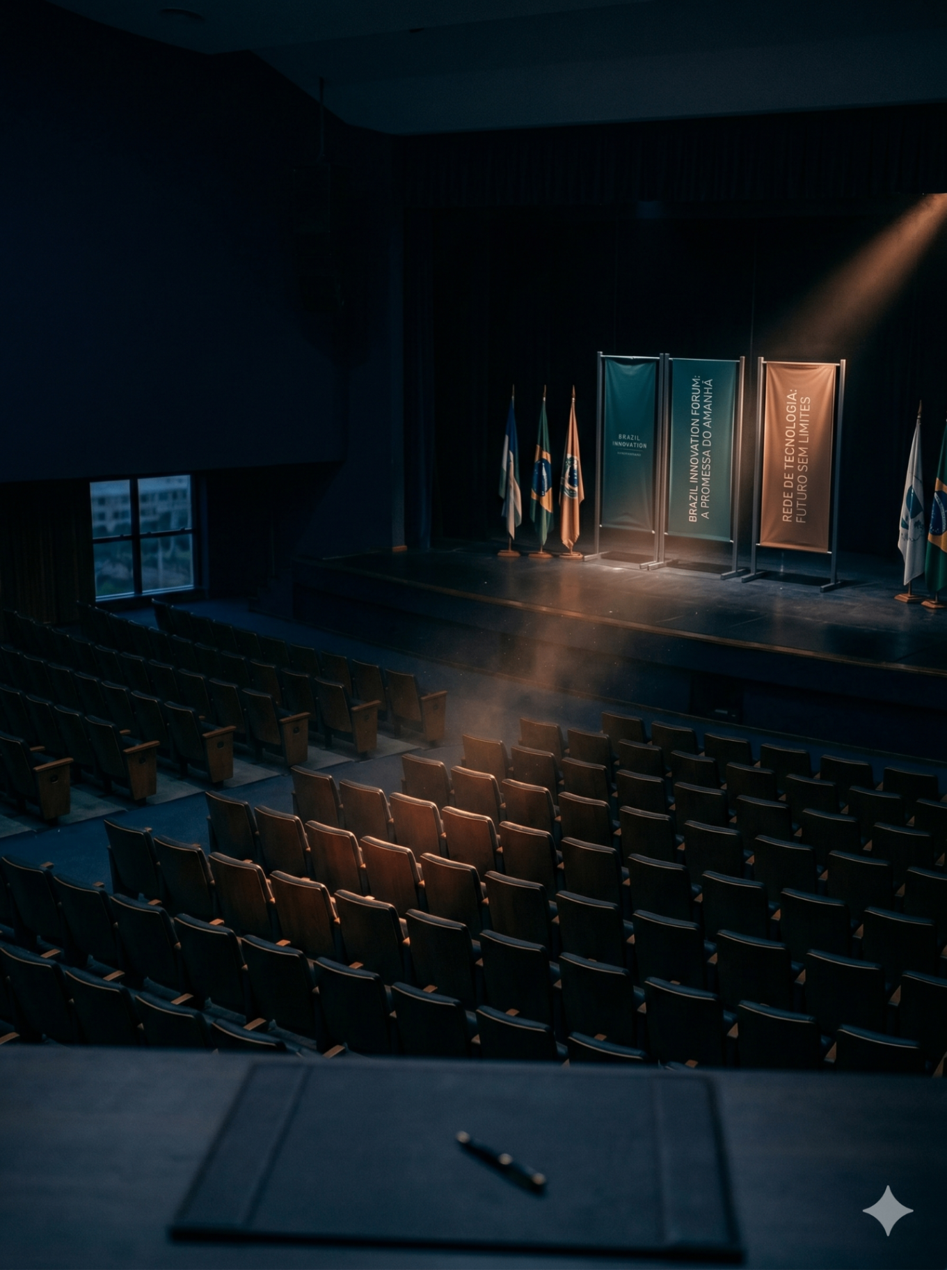 Auditório institucional vazio com bandeiras e palco iluminado