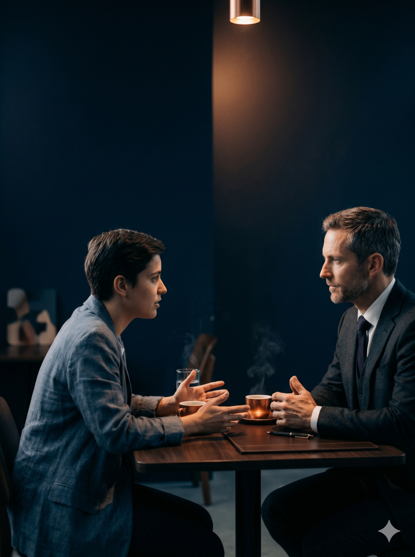 Mentor e mentee em conversa em escritório iluminado pelo entardecer