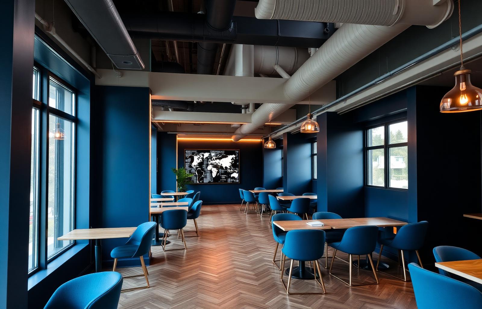 Coworking ORBITA em Taubaté com mesas, iluminação cobre e paredes navy
